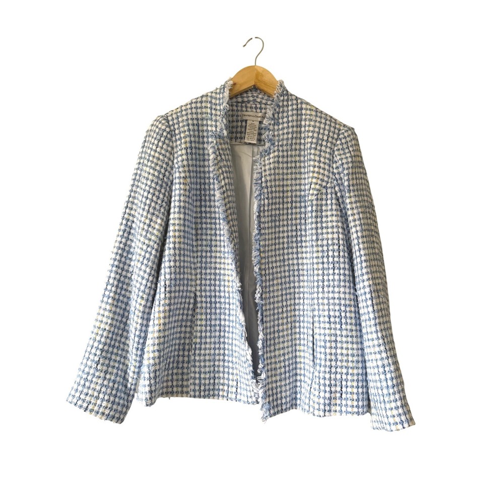 Drapers & Damons Blue White Plaid Tweed Frayed Trim Open Front Blazer Jacket M